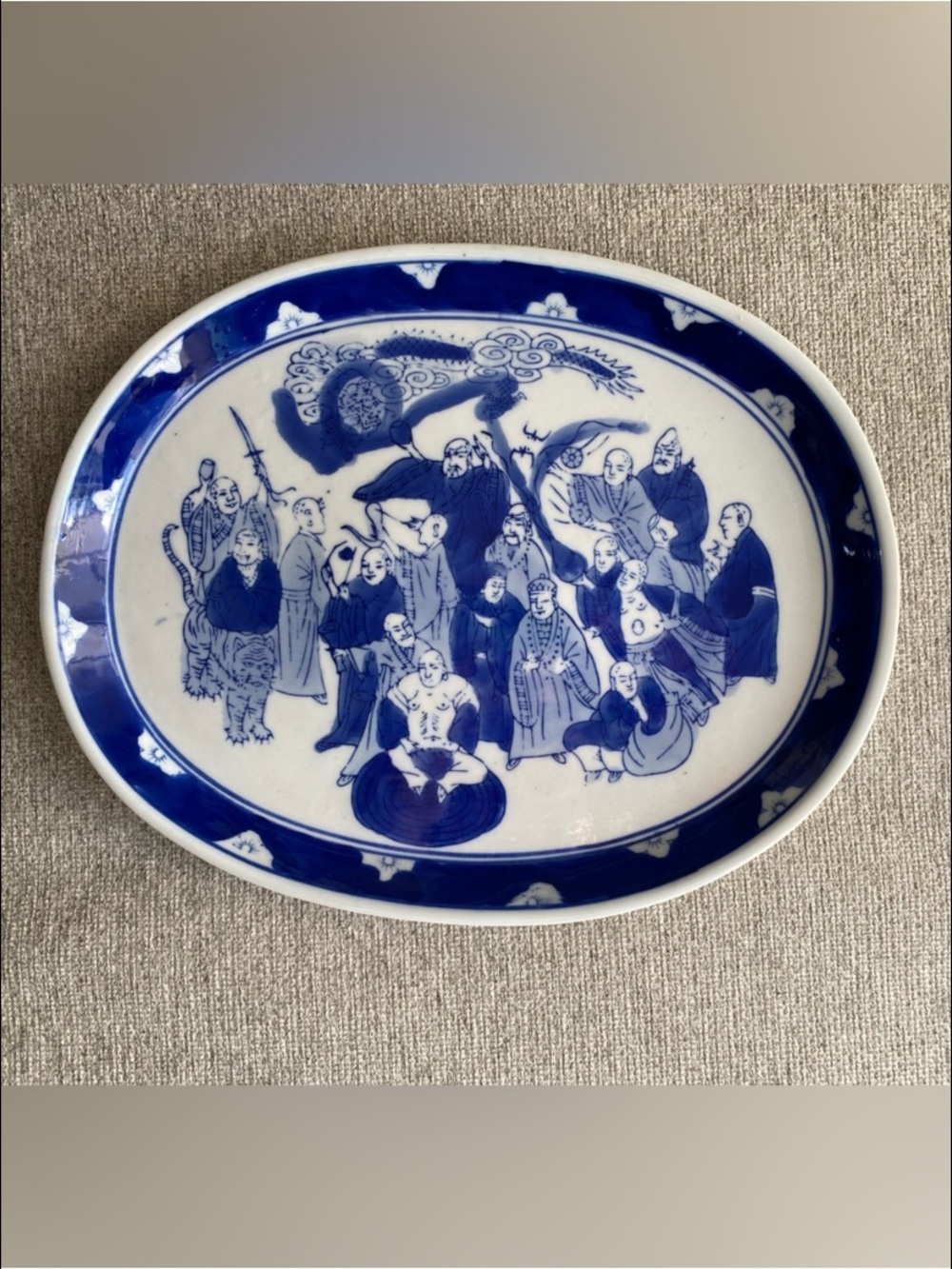 Vintage Blue & White Chinese Porcelain Serving Platter Chinoiserie Decor